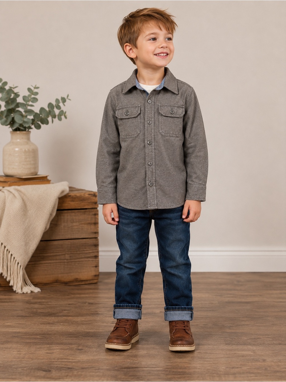 7 For All Mankind Boys Button-Up Shirt Size 5 Gray Stretch Casual Shacket